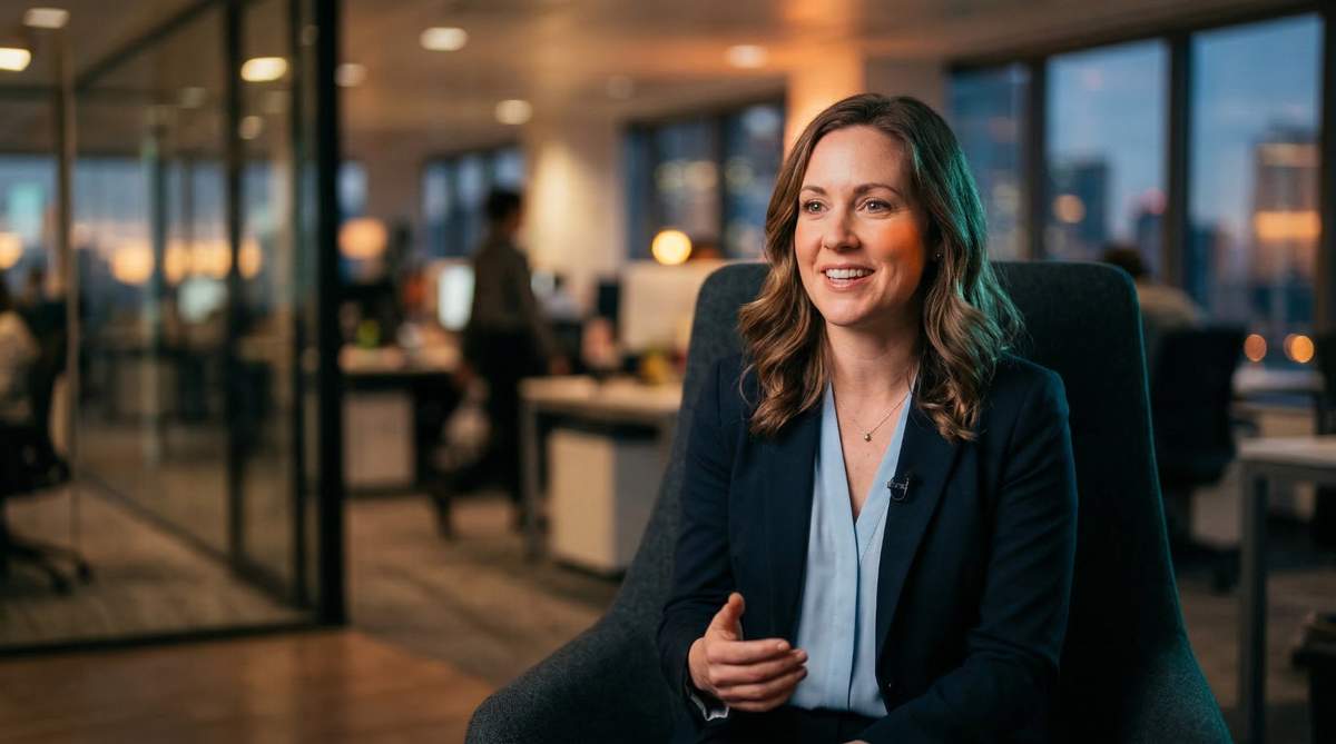 Professionelles Interview – Frau spricht natürlich vor der Kamera in modernem Büro